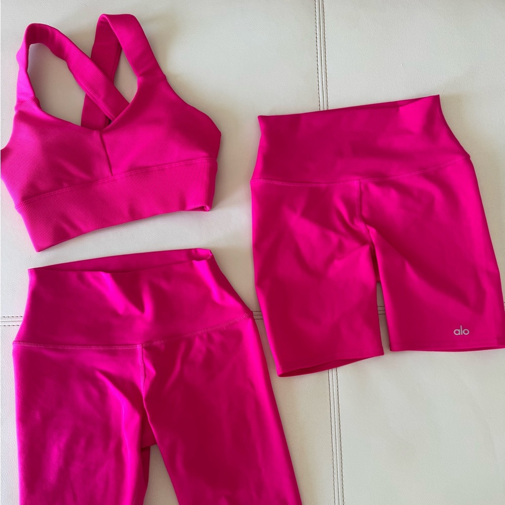 ALO Yoga Hot Pink Sports Bra Shorts and Leggings